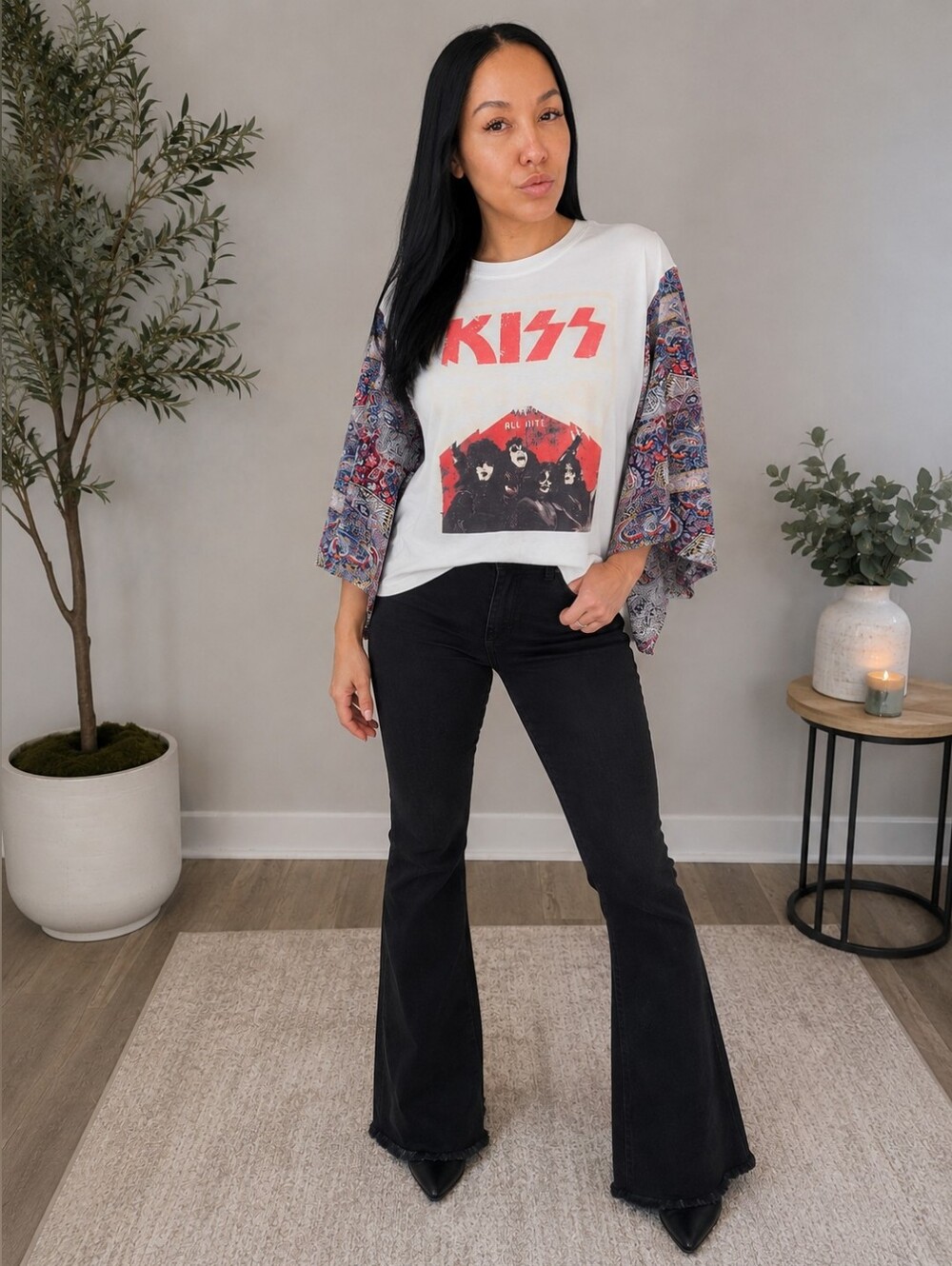 Kids KISS Graphic Raglan Top - White with Multicolor Paisley Sleeves